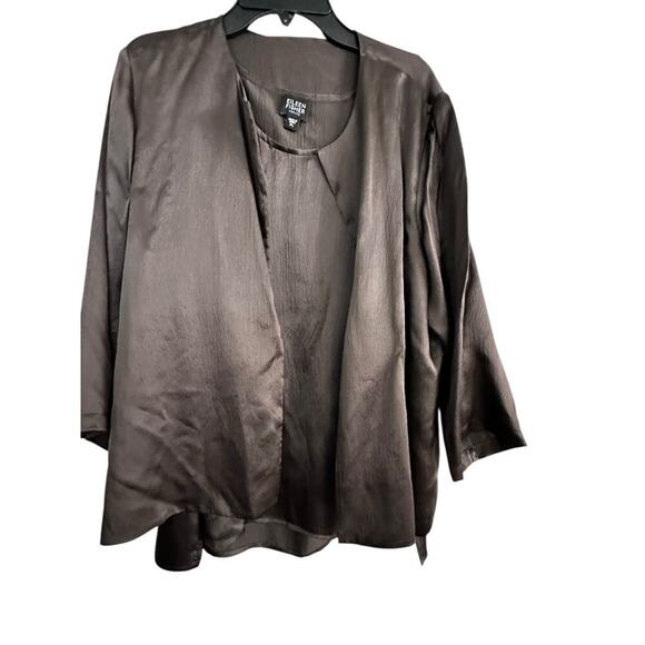 Eileen Fisher Women's Peat Brown Hammered Silk Satin Open Front Jacket Size PL - Picture 1 of 7